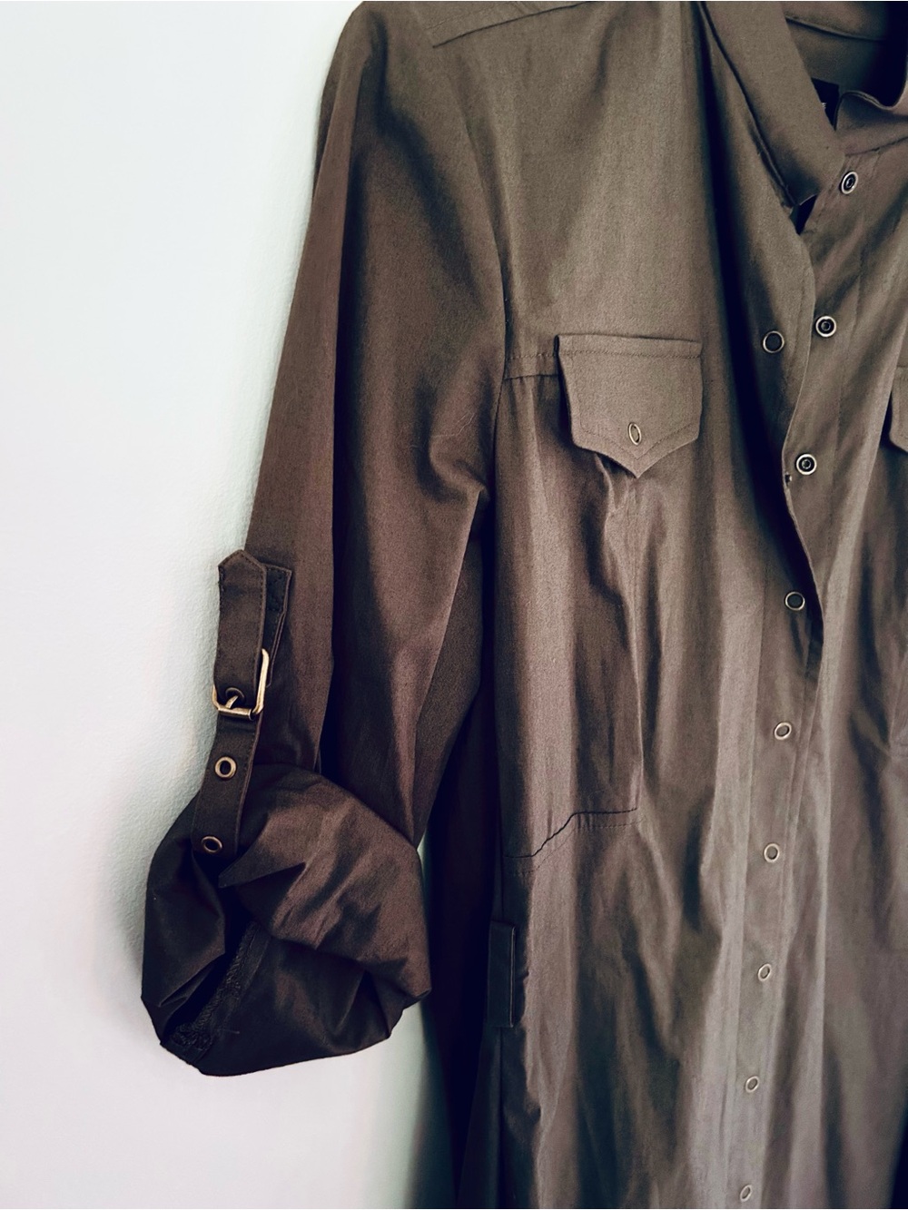 Tahari Olive Green Button-Front Midi Shirt Dress - Picture 5 of 7